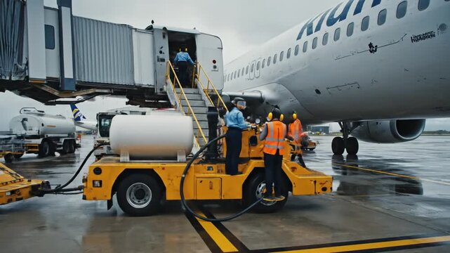 Airplane at airport gate with ground crew and baggage