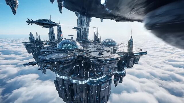 Futuristic Cityscape Above Clouds - A Glimpse into an Advanced Civilizations Aerial Metropolis.
