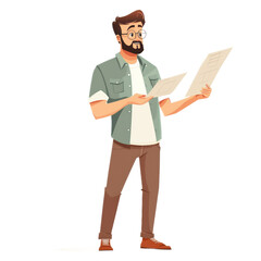 A man with a beard and glasses reading a document.