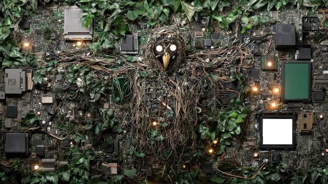 Owl-shaped creature formed from electronic components and foliage