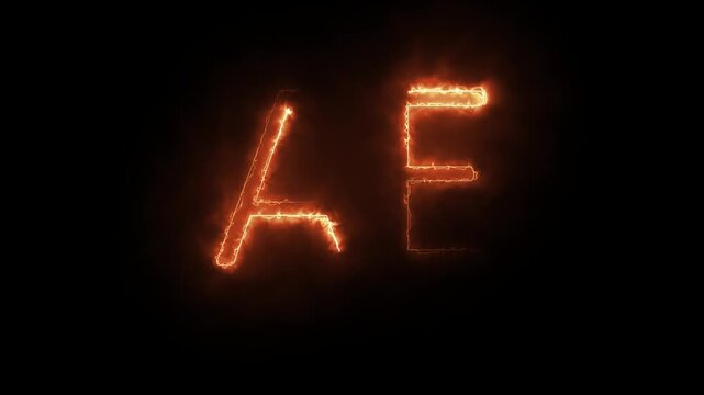 Two Abstract Symbols or AE Letters Formed by Orange Electric Energy on Black Background. Futuristic orange electric AE symbols, animated abstract energy forming striking digital lettering.