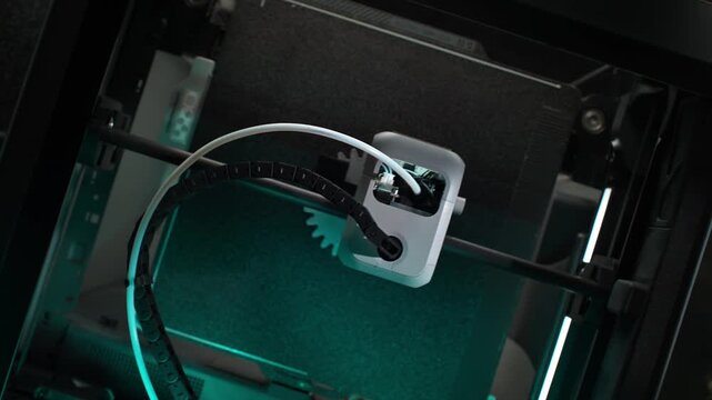FDM 3D Printer Printing a Gear with Grey Thermoplastic Filament - Mechanism and Process Seen from Above