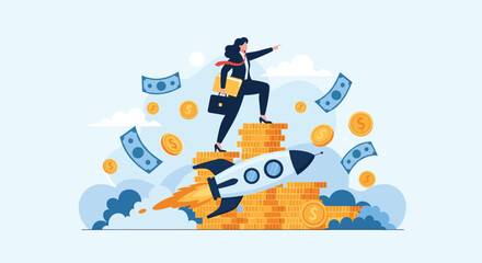 Fototapeta premium Ambitious businesswoman steps up a staircase of golden coins toward a launching rocket, symbolizing career growth.