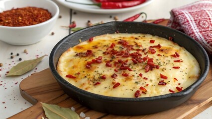 Baked cheese dish with chili flakes and herbs in cast iron skillet