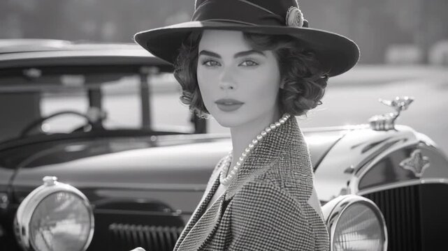 A chic young model, adorned in vintage attire and accessorized with a stylish hat and pearl necklace, poses near a classic car, gazing directly at the camera lens