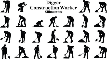 Construction worker silhouettes set, digger and laborer with shovel vector collection, manual work poses, excavation and building industry black icons ©  Alexander Creations