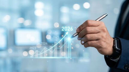 Businessman analyzing financial growth chart for 2026 year. Businessman Drawing Glowing 2026 Financial Growth Graph Represents Future Success and Business Strategy Forecasting