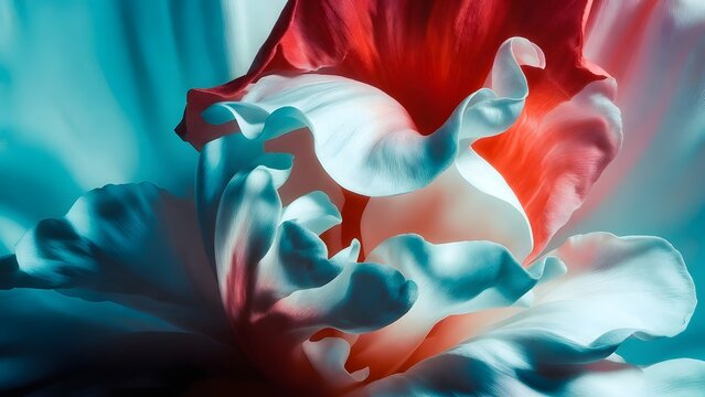 Delicate translucent flower petals with vibrant red edges. Soft lighting and botanical serenity. Close up of a blooming aquatic plant with a teal water reflection background