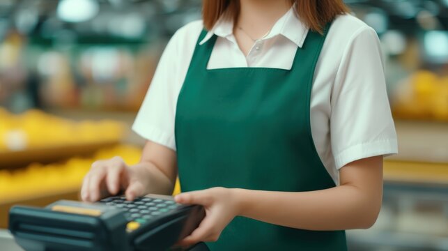 Electronic tax system, A cashier in a green apron processes a payment using a card reader at a retail checkout counter.