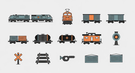Collection of vintage and modern train illustrations and railway elements. © Wws