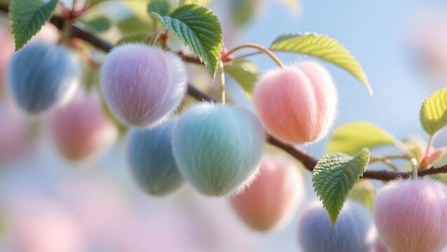 Soft velvet textured fruits in pastel colors on a branch. Ethereal orchard and fantasy botany. Close up of heart shaped fuzzy berries with green leaves against a blurred background