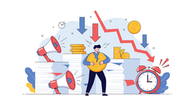 Stressed professional stands among stacks of paper and megaphones while holding a broken coin as financial markets crash around him.
