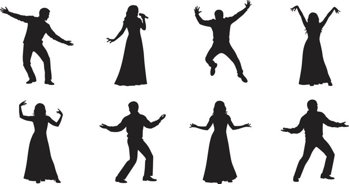 Collection of people silhouettes with men and women dancing jumping and singing for music festivals party celebrations and event promotions