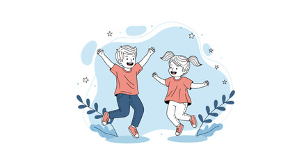 Two cheerful children jump for joy against a light blue background decorated with stars and leaves to express happiness and energy.