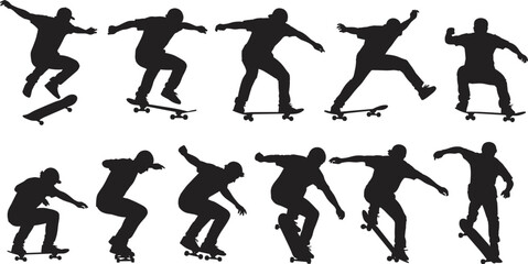 Collection of skateboarder silhouettes with men performing tricks jumps and flips for urban extreme sports street culture and youth lifestyle © prof.design