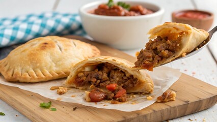 Empanadas filled with seasoned ground meat and vegetables served on wooden board with sauce