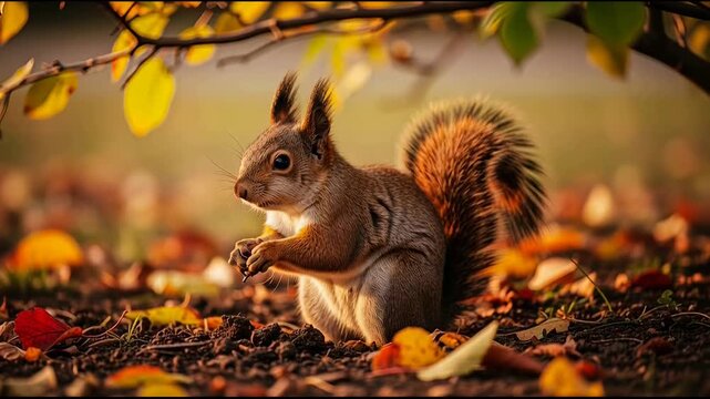 A charming red squirrel sits amongst fallen autumn leaves in a forest setting busily enjoying a nut with a warm golden sunlight filtering through the branches creating a peaceful and cozy atmosphere