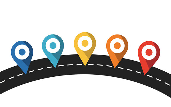 Colorful map markers on a road with white dashed lines