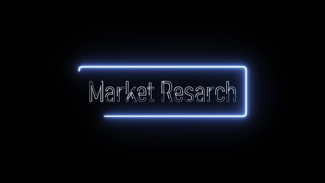 Market Research frame text icon animation glowing neon white color font letter word template for streamers with play pause and circle rectangle with live show sign symbol on black background.