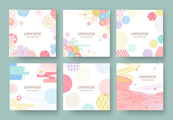 春の花と和柄の背景セット