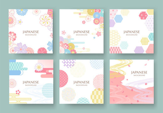 春の花と和柄の背景セット