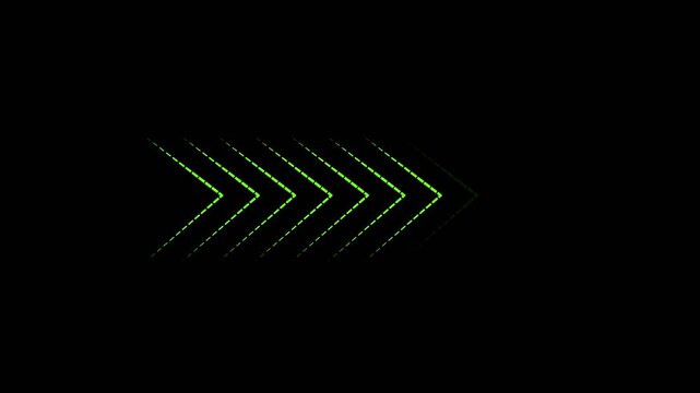 green neon right arrow icon animation, 10 arrow animated,Neon arrow doing direction information animation on black background,10 green arrows point right on a black background decreasing in brightness