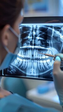 A healthcare professional meticulously examines a detailed dental x-ray on a well-lit display in a clinic, utilizing a tool to highlight specific dental and jaw structures
