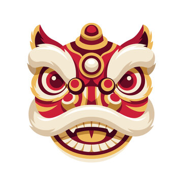 Red gold lion dance mask face, bold brows, curled moustache, ceremonial festival icon