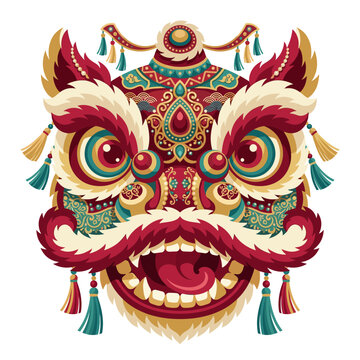 Chinese lion dance head mask, ornate festival costume face in red teal gold