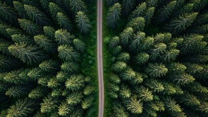 Fototapeta premium Aerial view of a winding road through a dense evergreen forest.