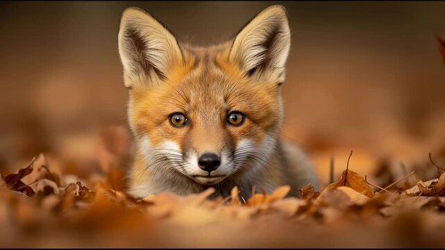 Adorable Red Fox Cub Peeking Through Autumn Leaves - A Close-Up Portrait of a Young Wildlife Animal in a Cozy Forest Setting with Warm Golden Light