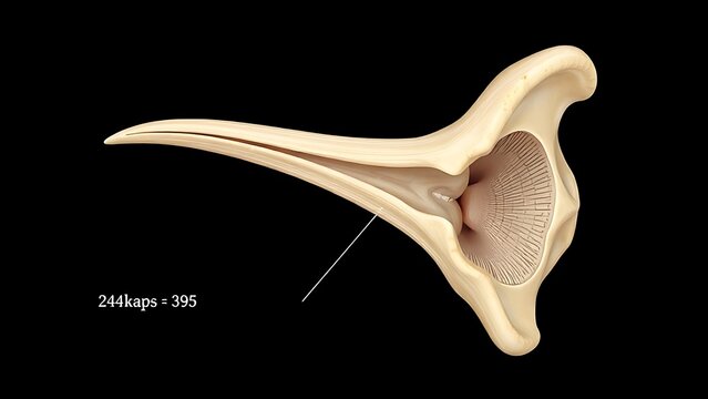 Detailed medical illustration of the stapes bone, showcasing its delicate stirrup shape and intricate structure. STEM education sheets.