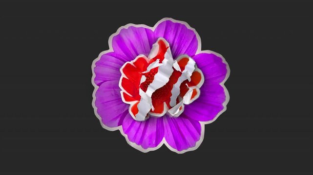 A drag and drop overlay of a stop motion style flat paper flower that folds outwards to settle in place as if unfolding from creased crunched up paper.
