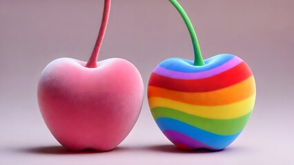 Obraz premium Vibrant rainbow striped cherry next to soft pink fruit. Unity and pride concept. Smooth colorful textured berries joined by green stems on a neutral background.