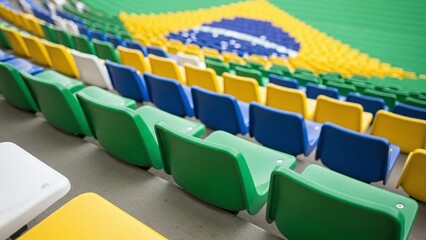 Obraz premium Rows of empty stadium seats in Brazilian colors awaiting World Cup match
