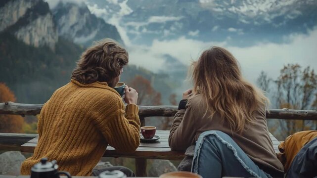 A serene couple enjoys coffee together at a rustic wooden table surrounded by majestic mountains shrouded in fog, creating a tranquil autumnal atmosphere, as they engage in gentle conversation