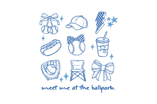 Meet Me At The Ballpark Cute Sketchy Icons Sublimation Design
