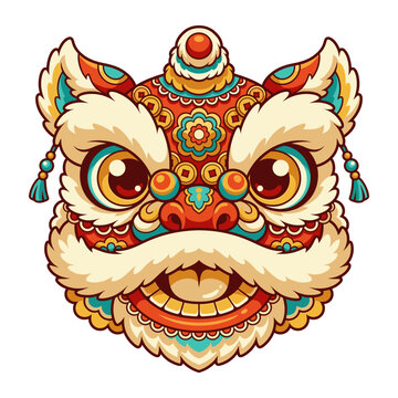 Ornate Chinese lion dance mask face, vibrant festival costume head design, detailed folk celebration motif for Lunar New Year parades, cultural heritage decorative emblem