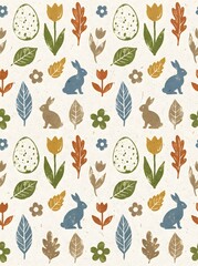 Obraz premium Seamless Easter pattern featuring rabbits, tulips, leaves and decorated eggs in earthy pastel tones on textured paper background, Scandinavian folk style illustration.