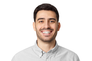 Fototapeta premium Handsome young man in light grey casual shirt beaming a wide natural smile, close-up headshot