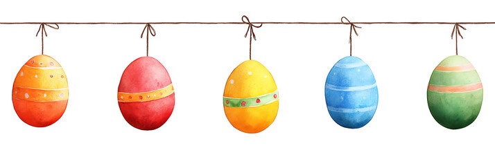 Hanging Multi-Colored Easter Chicken Eggs Isolated on White Background