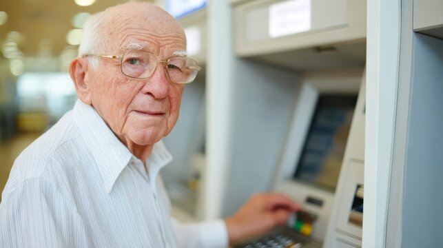 Electronic tax system, An elderly man with glasses uses an ATM machine indoors, looking back toward the camera with a neutral expression.