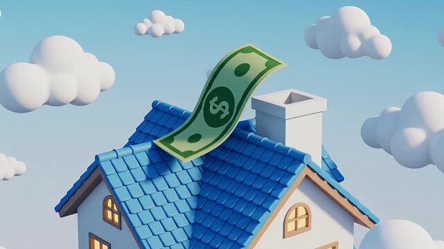 3D illustration of money flying over a house with blue roof