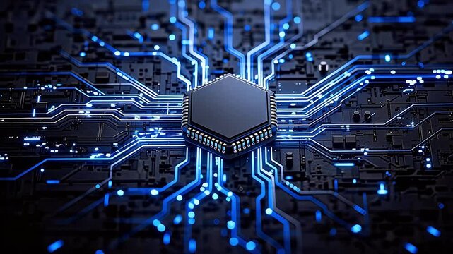 Glowing blue microchip on circuit board