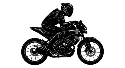 A black silhouette depicts a motorcyclist riding a sports bike from a side view high quality © AvenLys20