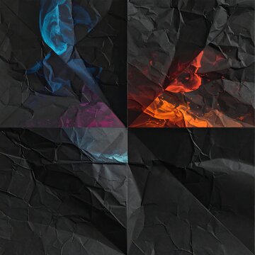 A quadriptych featuring crinkled dark paper backgrounds with overlaying colorful wisps of smoke or glowing fluid, creating an abstract design