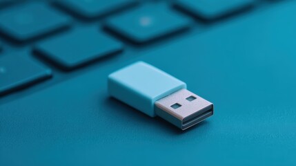 Electronic tax system, A close-up image of a blue USB flash drive resting on a matching blue keyboard.