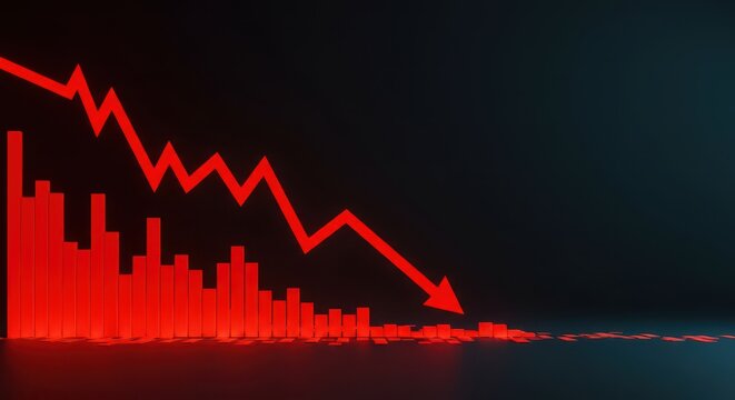 A dramatic downward trend illustrated by red arrows and failing charts indicating a significant fiscal decline during the early spring period, spring, depreciation, stock