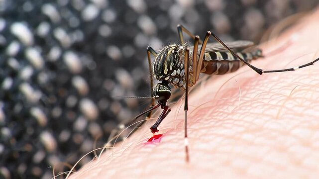 Close-up of a mosquito biting human skin showcasing the insect s feeding process and highlighting concerns about disease transmission and public health