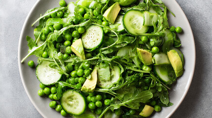 Obraz premium A fresh green salad with peas cucumbers and avocado on a plate